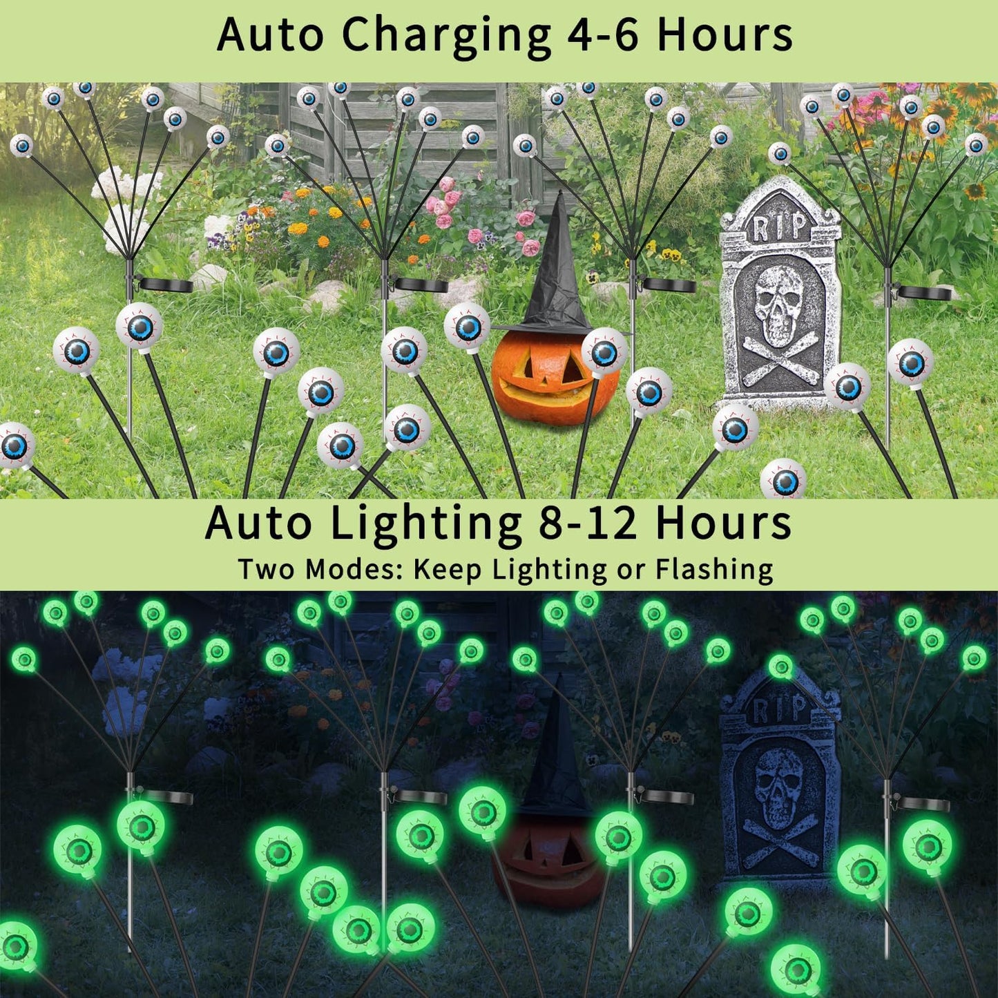 VOTTGO Halloween Solar Lights Outdoor, 2 Pack 12LED Scary Solar Eyeball Pathway Lights, 2 Modes Waterproof Swaying Firefly Light for Garden Yard Pathway Halloween Decorations, Green