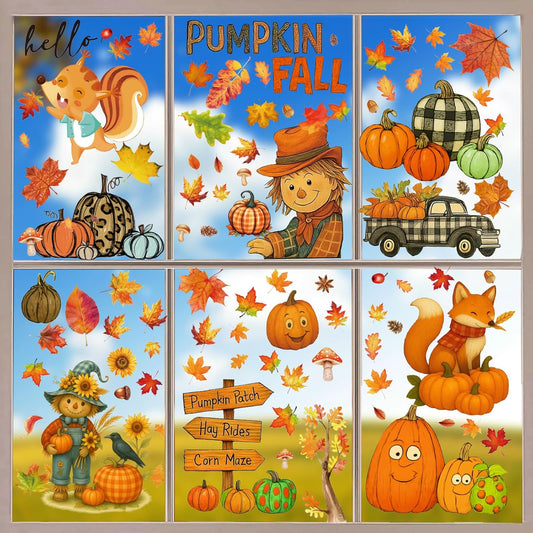 DC-BEAUTIFUL 153 Pcs Fall Window Clings, 12 Sheets Double Sided Autumn Pumpkin Scarecrow Maple Leaf Glass Stickers, Reusable Static Thanksgiving Window Decals Party Decors for Home Office School Shop