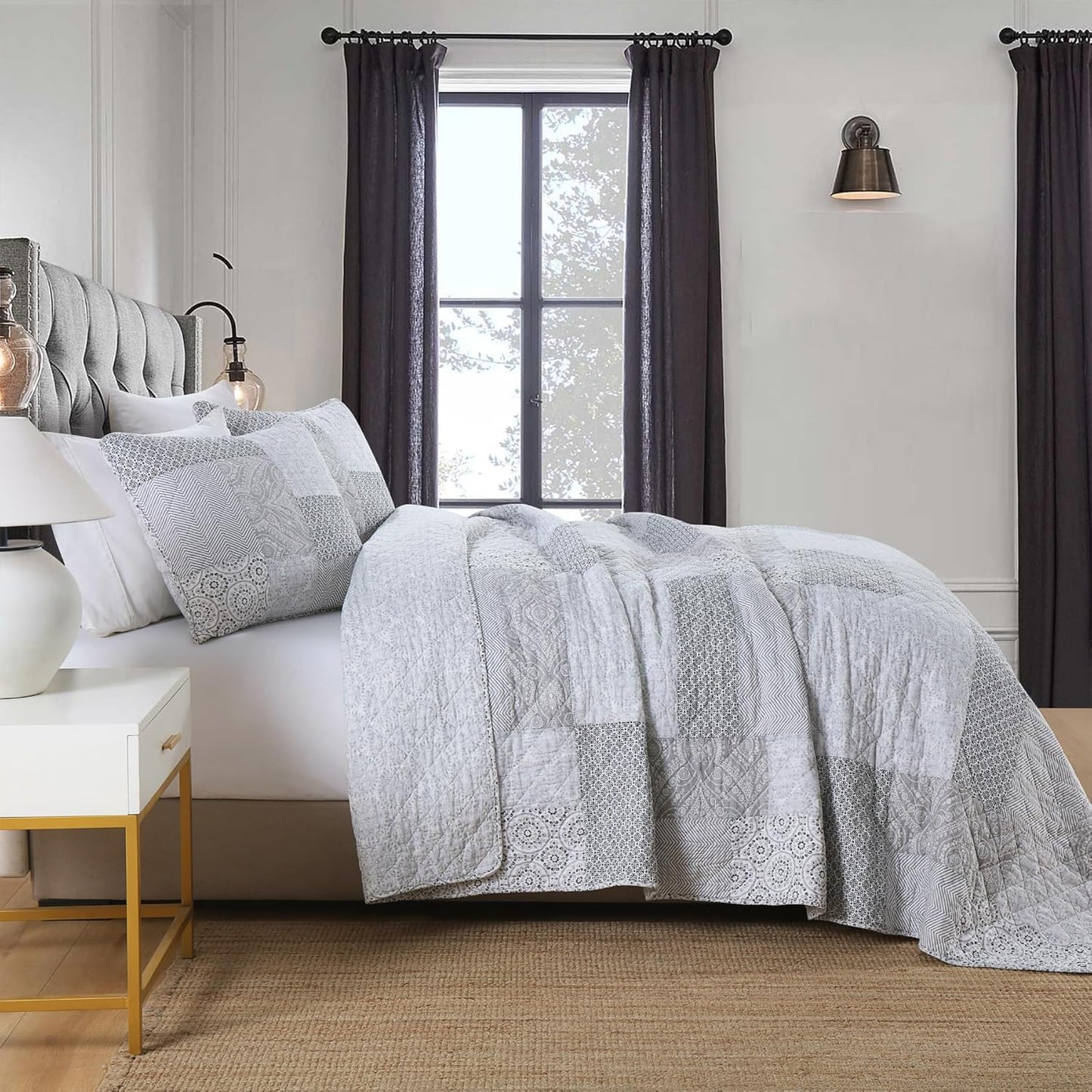 Secgo Queen Comforter Set for Bed - 100% Cotton Quilts Queen Size, Black Bedspreads (90 * 98 Inch) with 2 Pillow Shams, Patchwork Reversible Lightweight Bedding