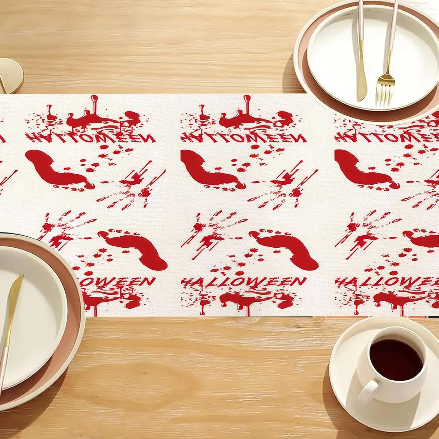 Halloween Table Runner 13 x 36 Inch, Linen Table Runner, Kitchen Dining Table Decorations, Halloween Table Decorations, Terrifying Red Blood Footprints Table Runner for Home Room Party Decor