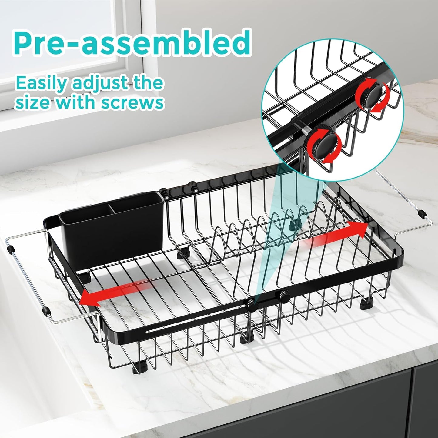 MAJALiS Dish Drying Rack in Sink -Expandable Stainless Steel Over Sink Dish Rack (11.3''-17''), Adjustable Capacity Dish Strainers for Kitchen Sink Counter with Utensil Holder, Black