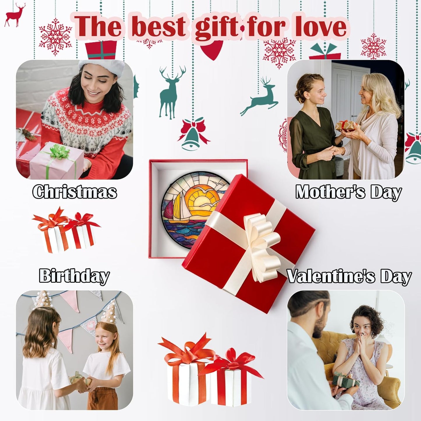 Stained Glass Window Hanging, Sailboat and Waves Suncatcher Diamond Glass Panel Hangings Sun Catchers Decor for Birthday for Women, Men, Wife, Aunt, and Mom 9.8 in