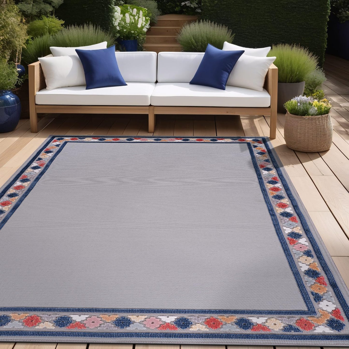 Beverly Rug Outdoor Rug 4x6 Modern Bordered Area Rugs for Indoor and Outdoor Patio Easy to Clean Non Shedding Living Room Porch Garden Washable Outside Carpet (4 x 6 Gray)