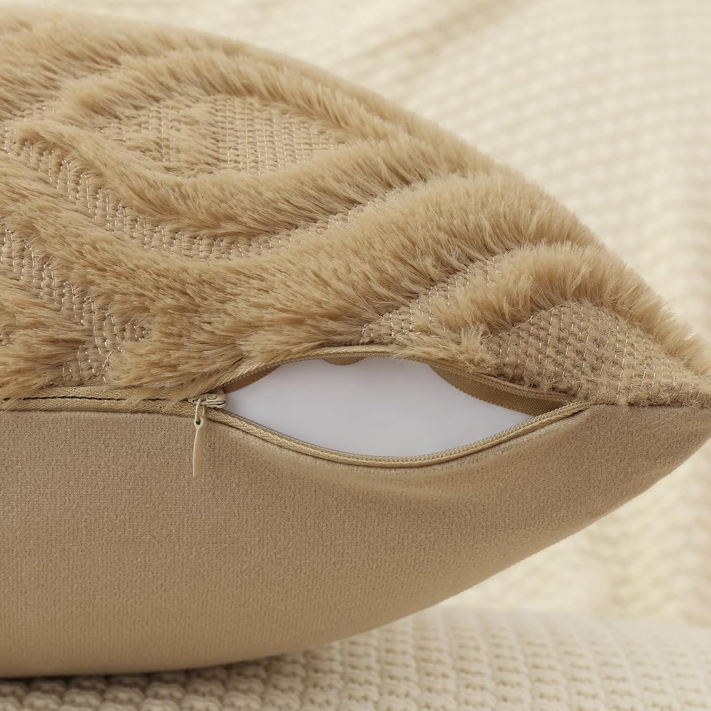 decorUhome Throw Pillow Covers 24x24 Inch Set of 2, Soft Plush Decorative Faux Fur Light Brown Solid Couch Pillow Covers, Accent Farmhouse Neutral Square Euro Pillow Cases for Sofa Bed Living Room