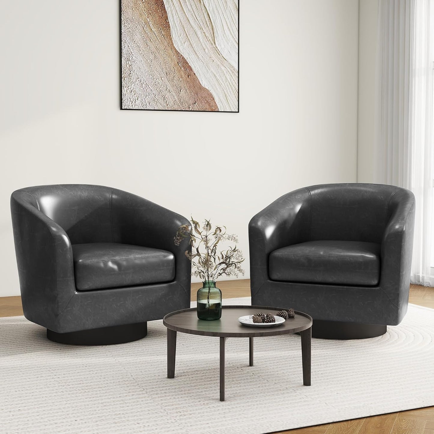 Swivel Barrel Accent Chair, Modern Round Faux Leather Arm Chair for Living Room, Bedroom, Comfy Club Reading Chairs for Adults (Faux Leather, Black Grey, Set of 2)