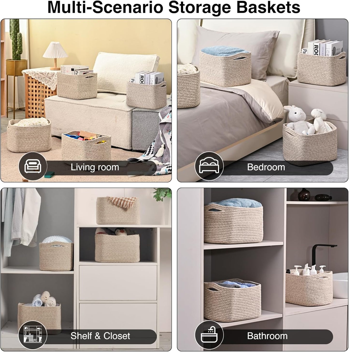 Small Storage Baskets for Shelves Organizing, Woven Cotton Rope Baskets for Storage, Book Basket, Decorative Shelf Basket, 12.5"Lx9.1''Wx7.9''H (4 Packs) Brown