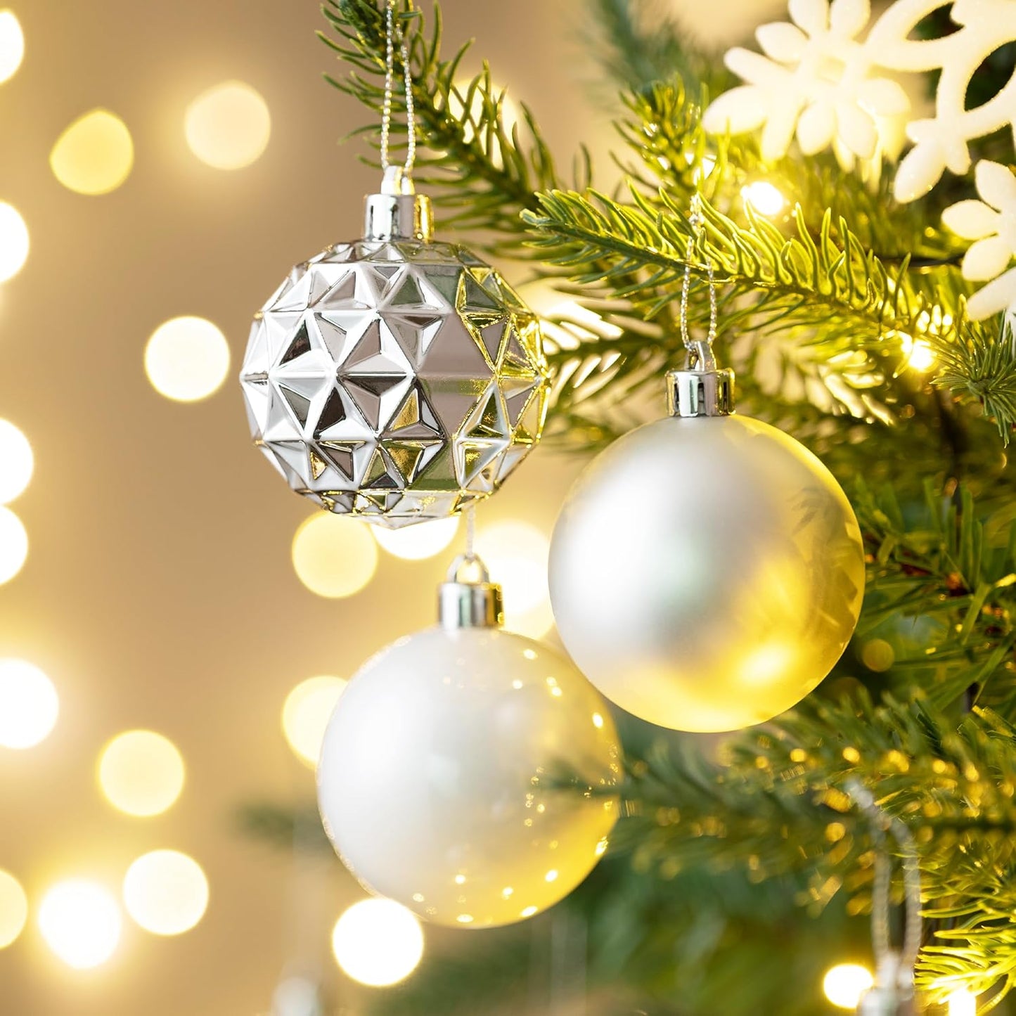 Valery Madelyn Christmas Tree Decorations Ornament Set for Fall Halloween, 50ct 2 Inches White and Silver Shatterproof Christmas Ball Ornaments Hanging Xmas Holiday Party Decor