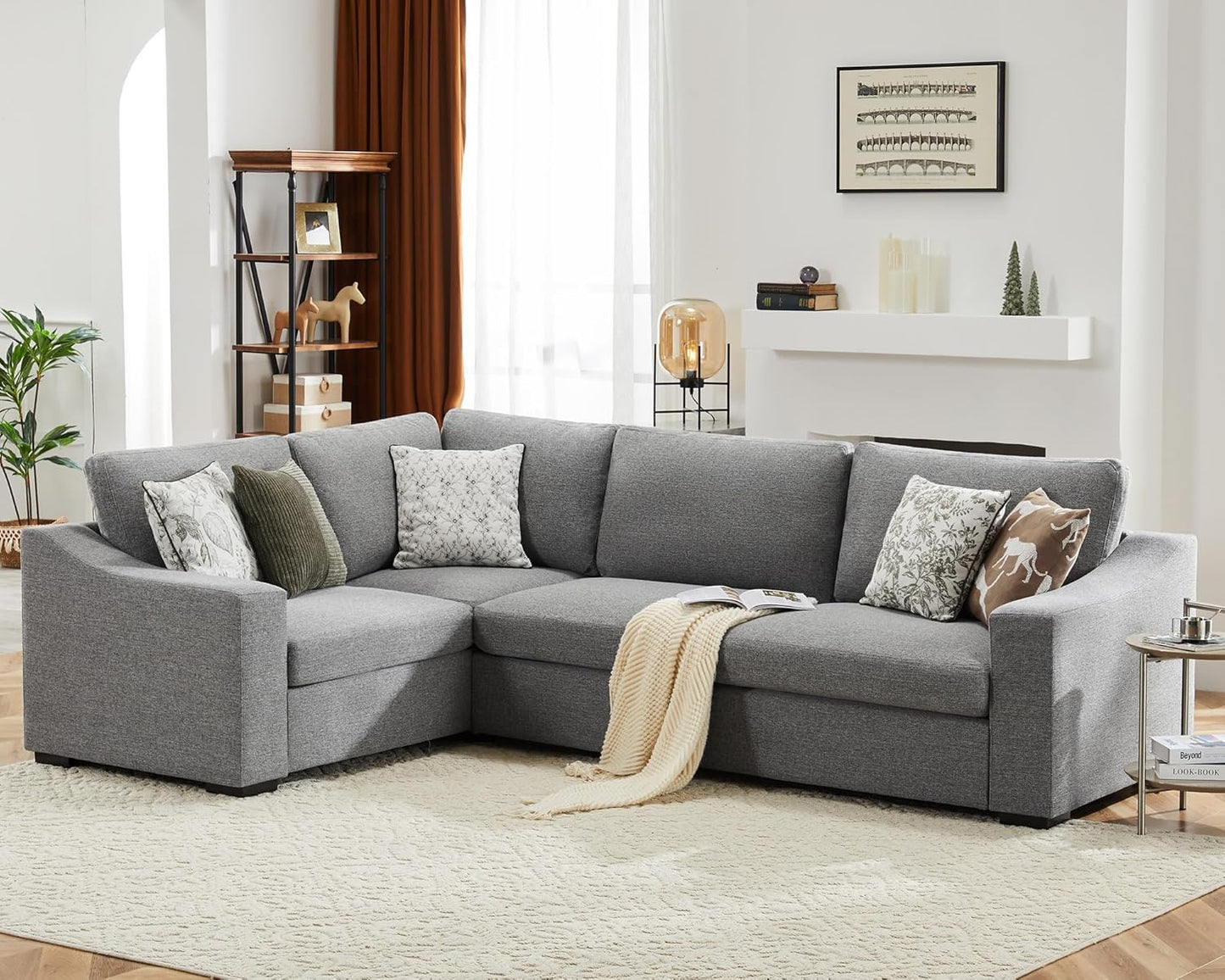 112" Convertible Sectional Sofa, Large L Shaped Couch with Detachable Sofa Cover, Modular Couch for Living Room, Breathable Linen Fabric Corner Sofa for Apartment, Grey