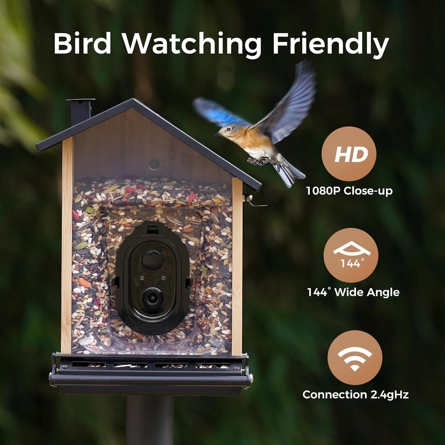 TT Nature Smart Squirrel-Proof Bird Feeder with Camera 2K, Solar Powered, AI Bird Species Recognition, Instant Notification, CCPA Data Security, Bamboo 3.2L Large Capacity, Ideal Gift