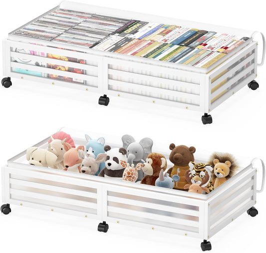 Under Bed Storage with Wheels-Large Bamboo Underbed storage Containers with Large Dust Bag Stackable Under the Bed Shoe Storage Bins for Clothes Books Bedding (2 Packs White, 33.07"L×16.54"W× 6.5"H)