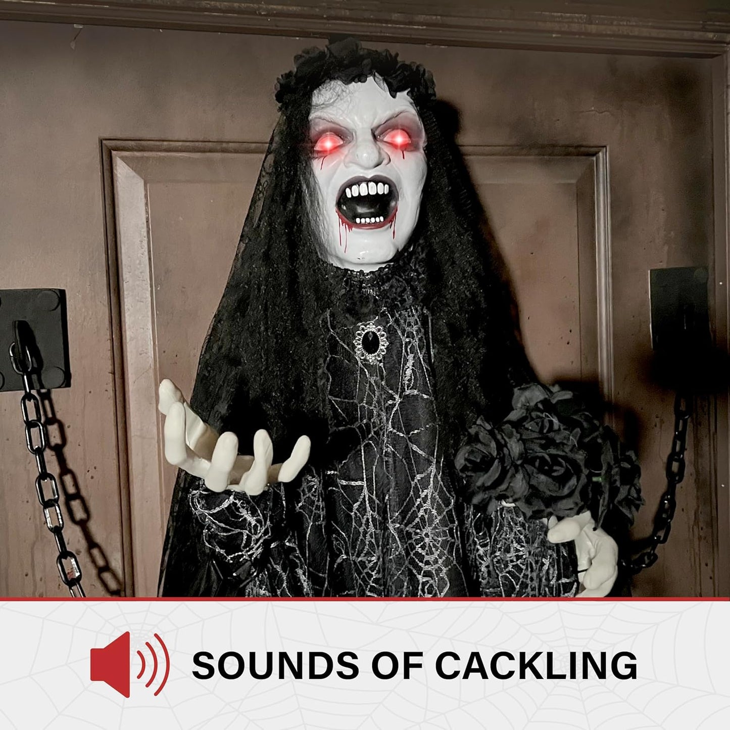 Haunted Hill Farm Animatronic Scary Demon Widow Door Greeter with Touch Activated Lights and Sound, Battery-Operated Indoor or Covered Outdoor Halloween Decoration