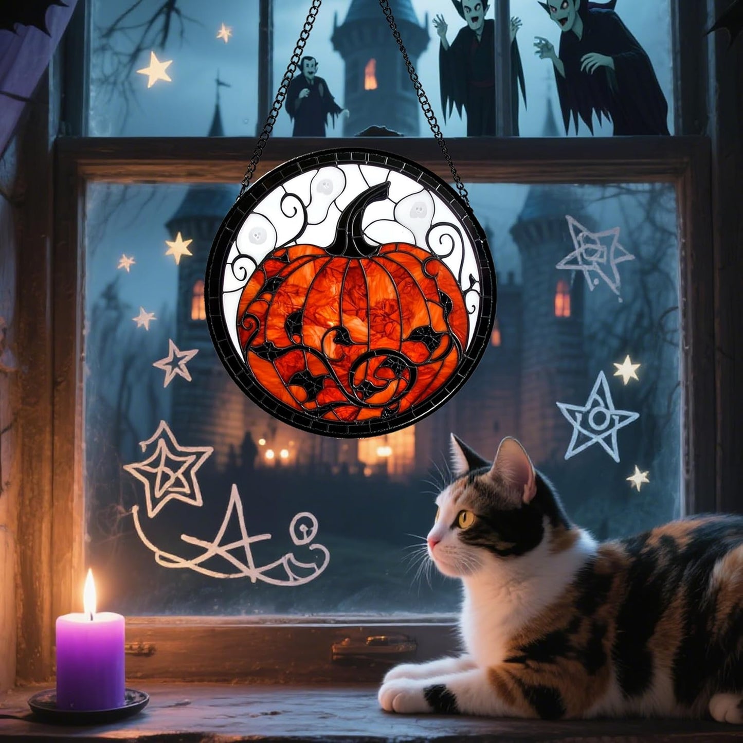 Stained Glass Window Hanging - Halloween Red White Scary Pumpkin Suncatcher for Doors Garden Home Spooky Rattan Sun Catchers Gothic Decor Horror Gifts for Women Men Friend Boy Girl 7.8 in