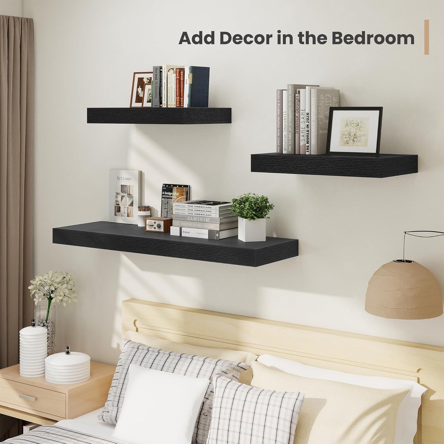 Heimlove 24 x 12 Inch Deep Floating Shelves Wall Mounted with Invisible Brackets,Storage Hanging Shelf for Wall Decor in Bathroom, Bedroom, Toilet, Kitchen, Living Room, Office Set of 2 (Black)