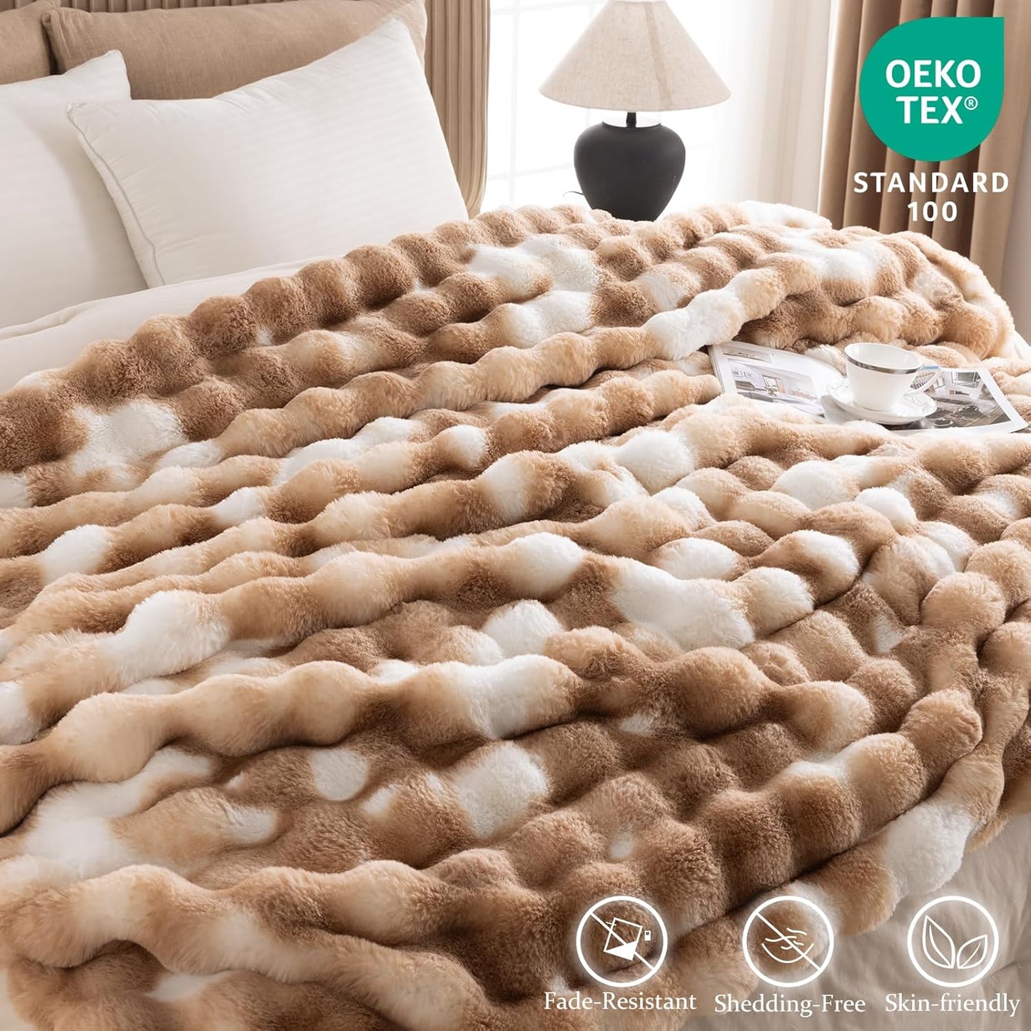 Cozy Faux Fur Throw Blanket for Bed-Warm Fuzzy Throw Blanket, Soft Plush Thick Bubble Blankets for Bedroom and Living Room, Furry Luxury Blanket, 90 x 90, Tie-Dye Brown