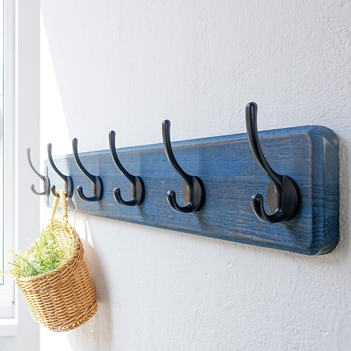 Dseap Coat Rack Wall: 24" Long, Patented, Heavy-Duty, 6-Double-Hooks Wooden Wall Mounted Coat Rack Coat Hanger Hook Rail for Winter Coats Hat Jacket Clothing, Weathered Blue
