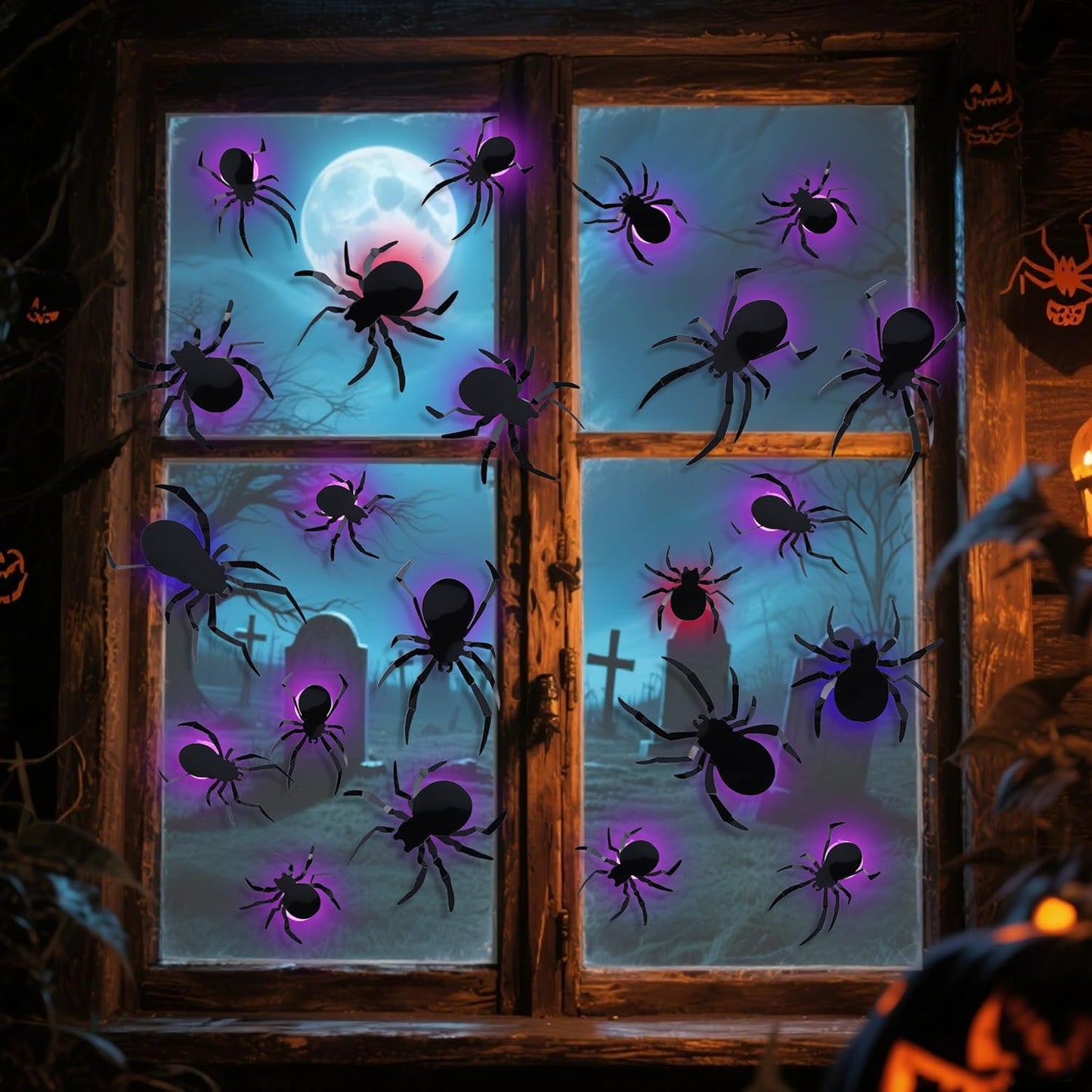 DR.DUDU 36 Pack Halloween Spider Wall Decor, 3D Window Stickers with Multi-Color LEDs, Removable Light up Spiders Wall Decals for Bathroom Home Door Party Indoor & Outdoor Decorations (Assorted Sizes)