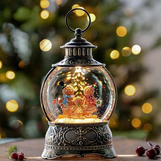 Christmas Snow Globe Lantern Water Glittering Gingerbread Family with Music& Timer, USB Lined/Battery Operated Lighted Lantern for Christmas Festival Decoration Gifts