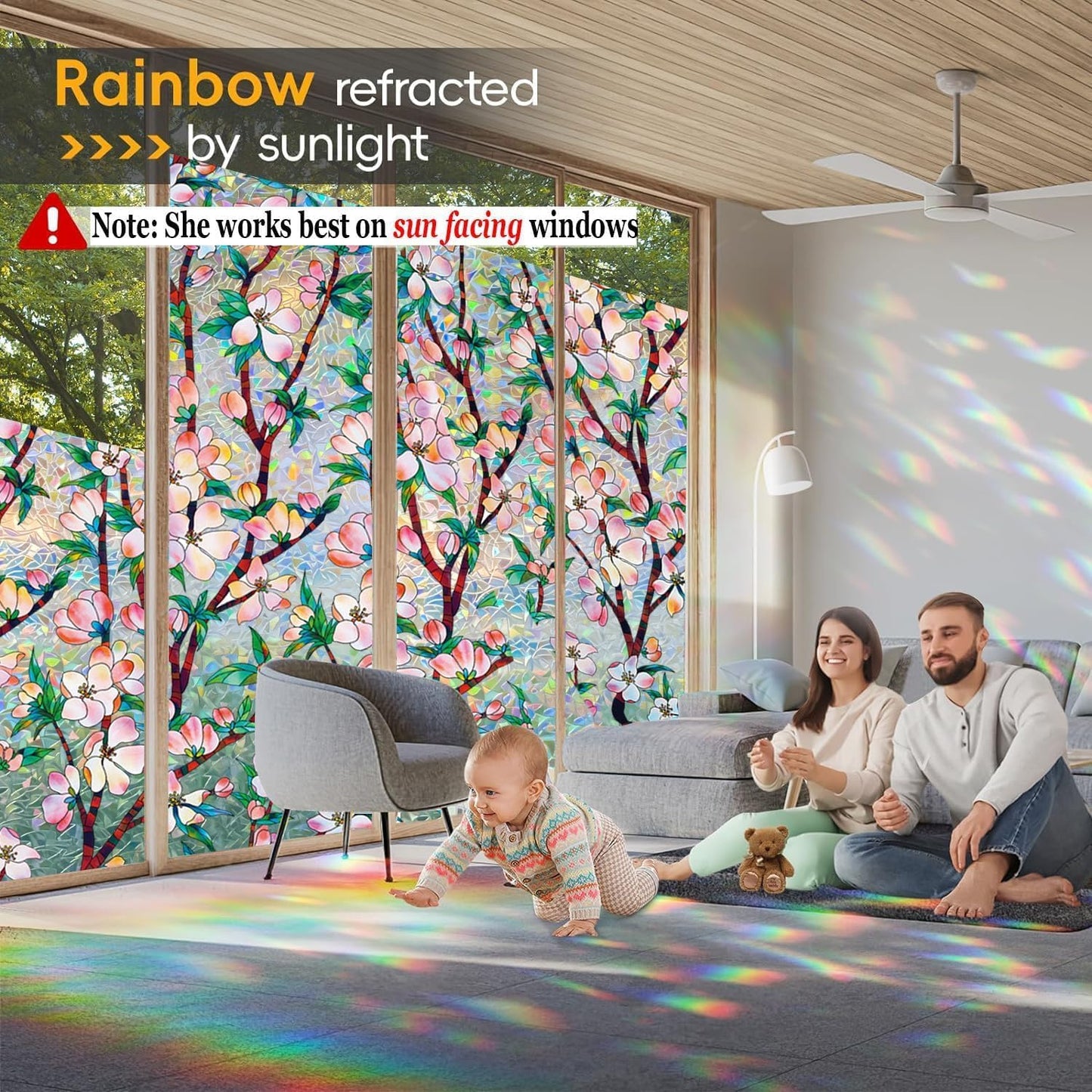 Rainbow Window Privacy Film Decorative, 3D Decals Stained Glass Clings, Static Cling Sticker, Suncatcher Windows Cover Tint for Home, 23.6 Inch x 78.7 Inch