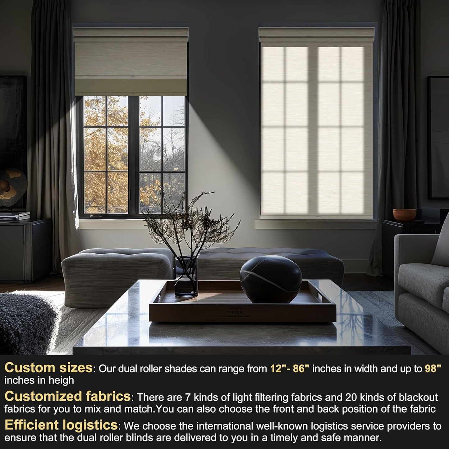 BERISSA Cordless Dual Roller Shades with Cassette Valance, Double Window Shades Blackout and Light Filtering, Day and Night for Home Office Door. Striped Jacquard Beige. 42 W x 44" H