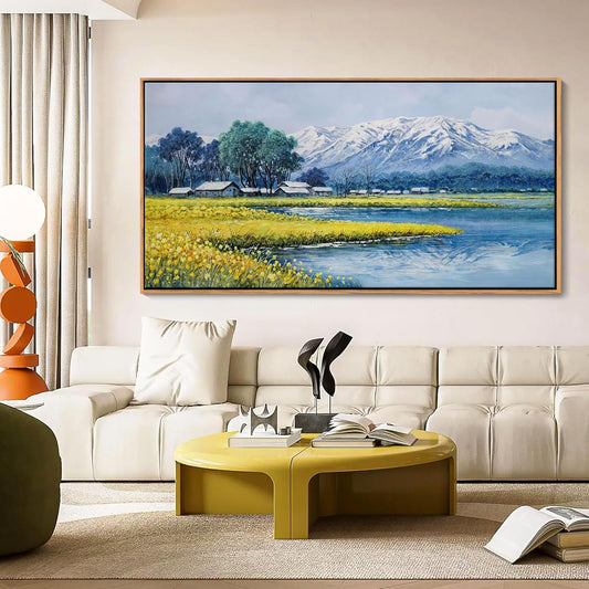 Landscape Wall Art - Japanese Mountain Nature Canvas Artwork for Living Room, Rustic Wall Art, Country Wall Decor, Farmhouse Paintings, Yellow Scenery Wall Pictures for Bedroom 29×58IN