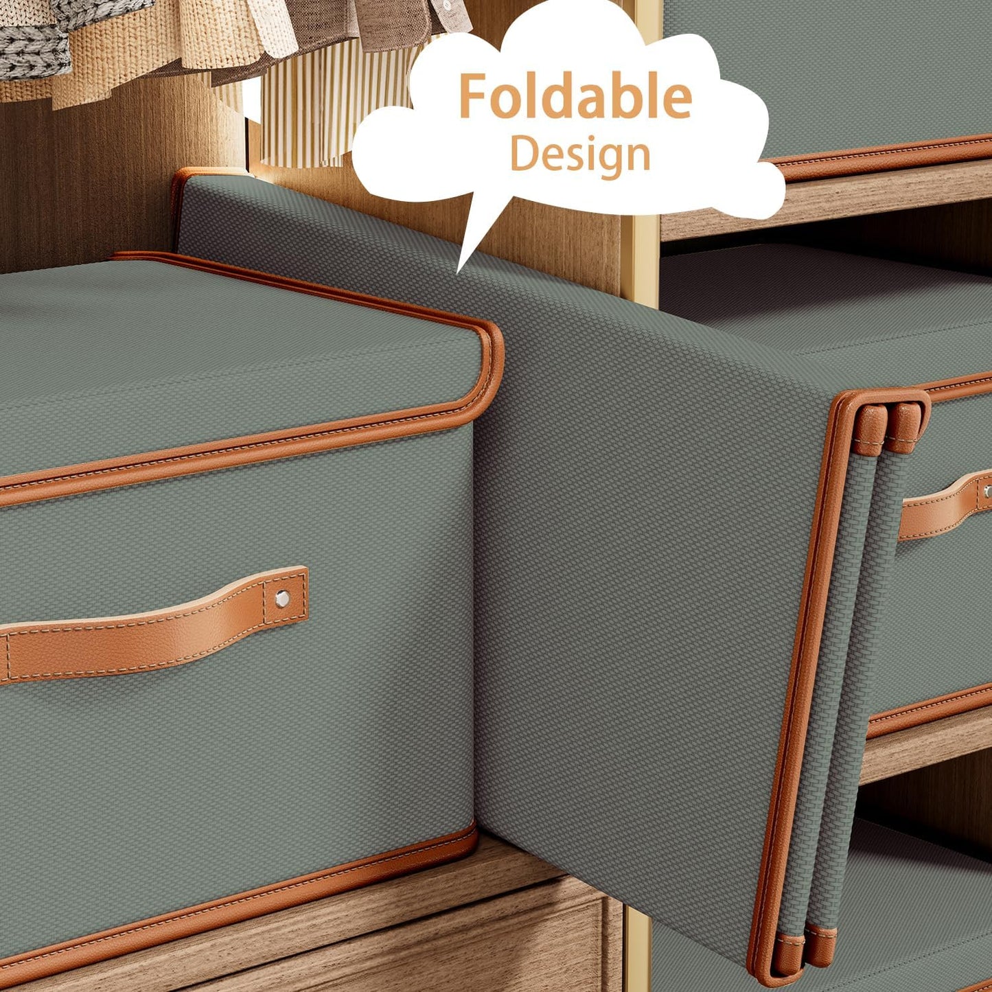 Tuza 4 Pack Storage Bins with Lids, Collapsible Closet Organizer Container, Fabric Organizer Box with Handles, Decorative Storage Boxes with Lids for Organizing Clothes, Blanket, Grey, Large