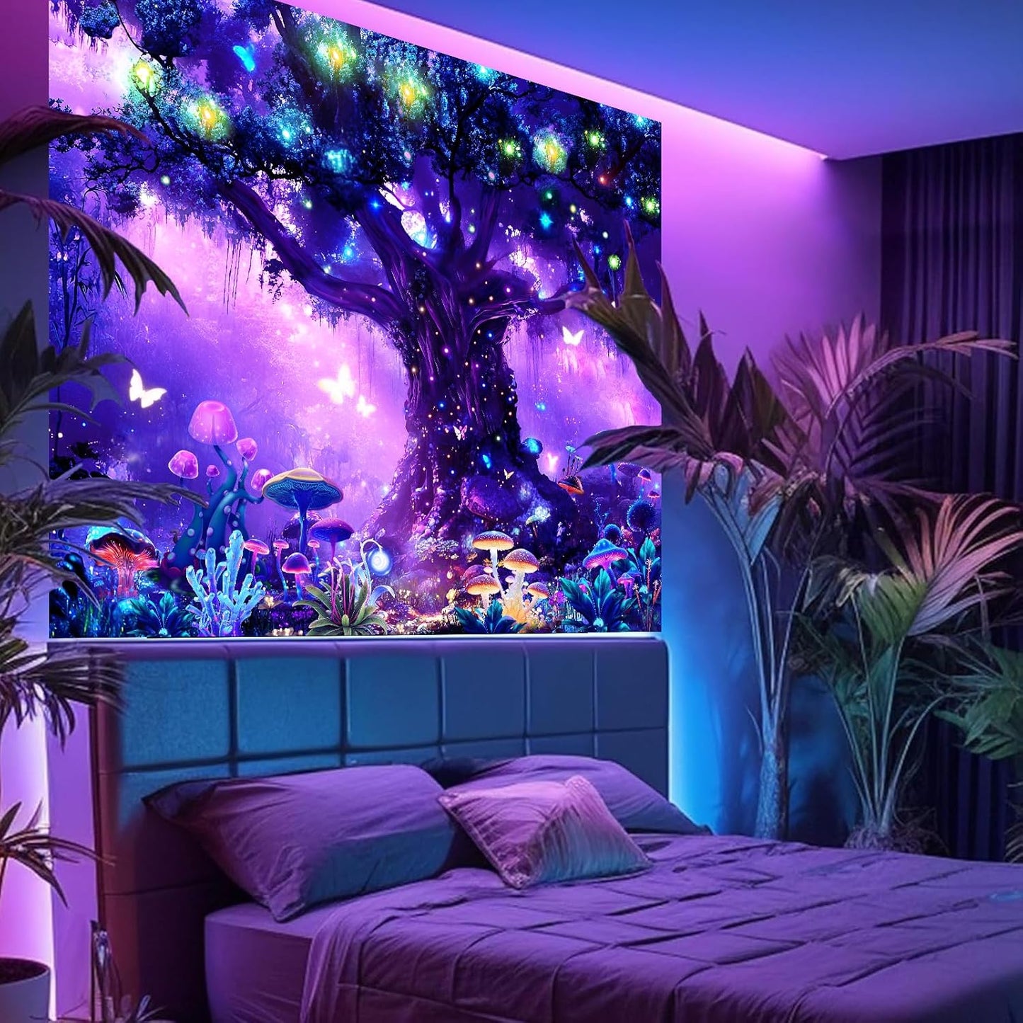 Atrippy Blacklight Fantasy Forest Poster Tapestry for Bedroom, Black Light UV Nature Tree of Life Tapestries Wall Hanging, Magical Mushroom Butterfly Backdrop for Living Room Dorm Decor 51x60 Inches