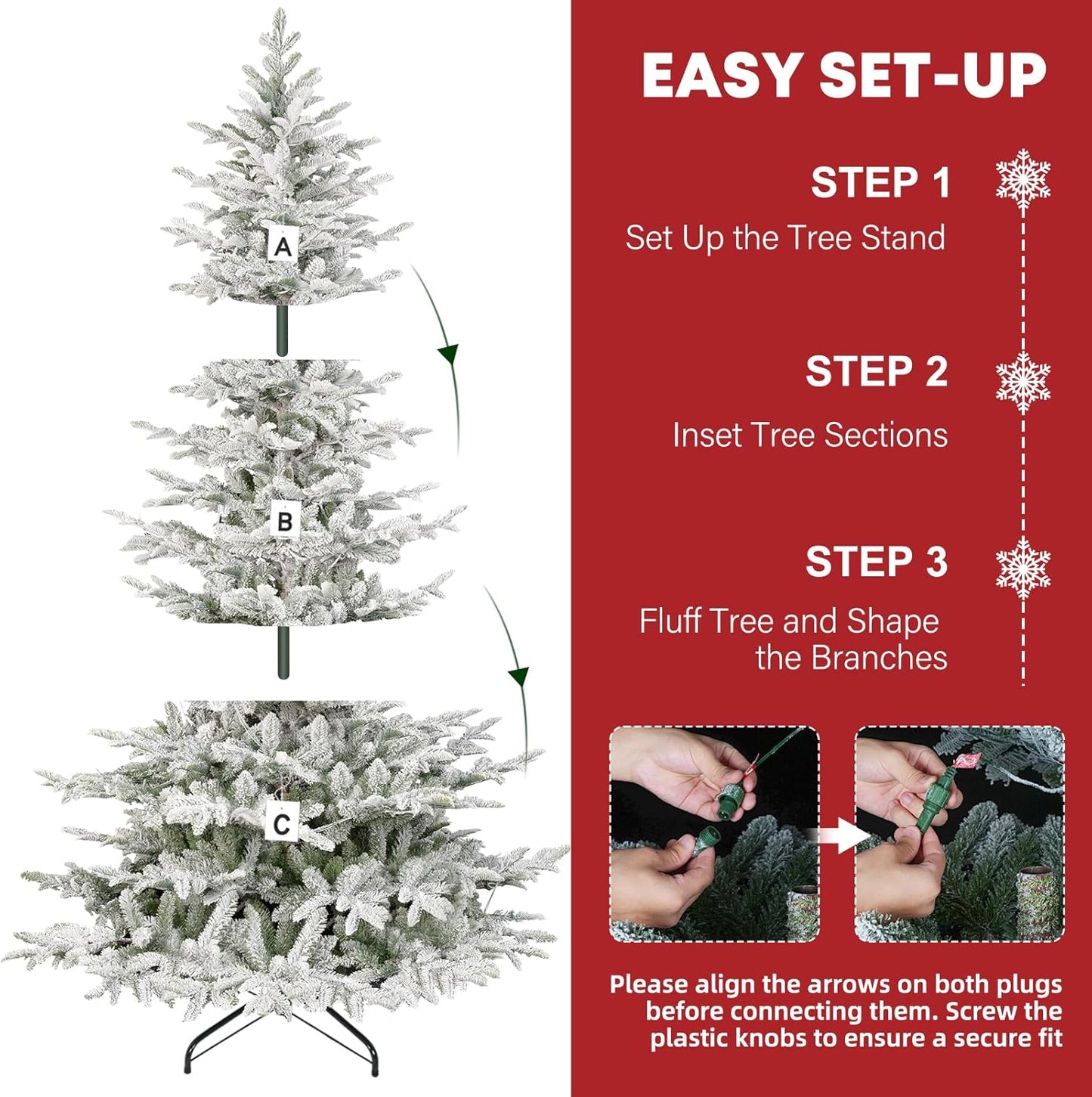Hykolity 7.5 ft Snow Flocked Christmas Tree, Prelit Artificial Christmas Tree with 450 Warm White Lights, 1173 PE & PVC Branch Tips, Metal Stand and Hinged Branches