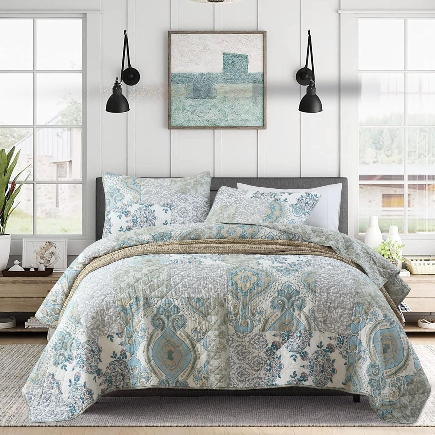 Secgo Queen Size Comforter Set- 100% Cotton Quilt Queen Size Set, Green, Sage bedspreads (90 * 96 Inch) with 2 Pillow Shams, Patchwork Reversible Lightweight Bedding