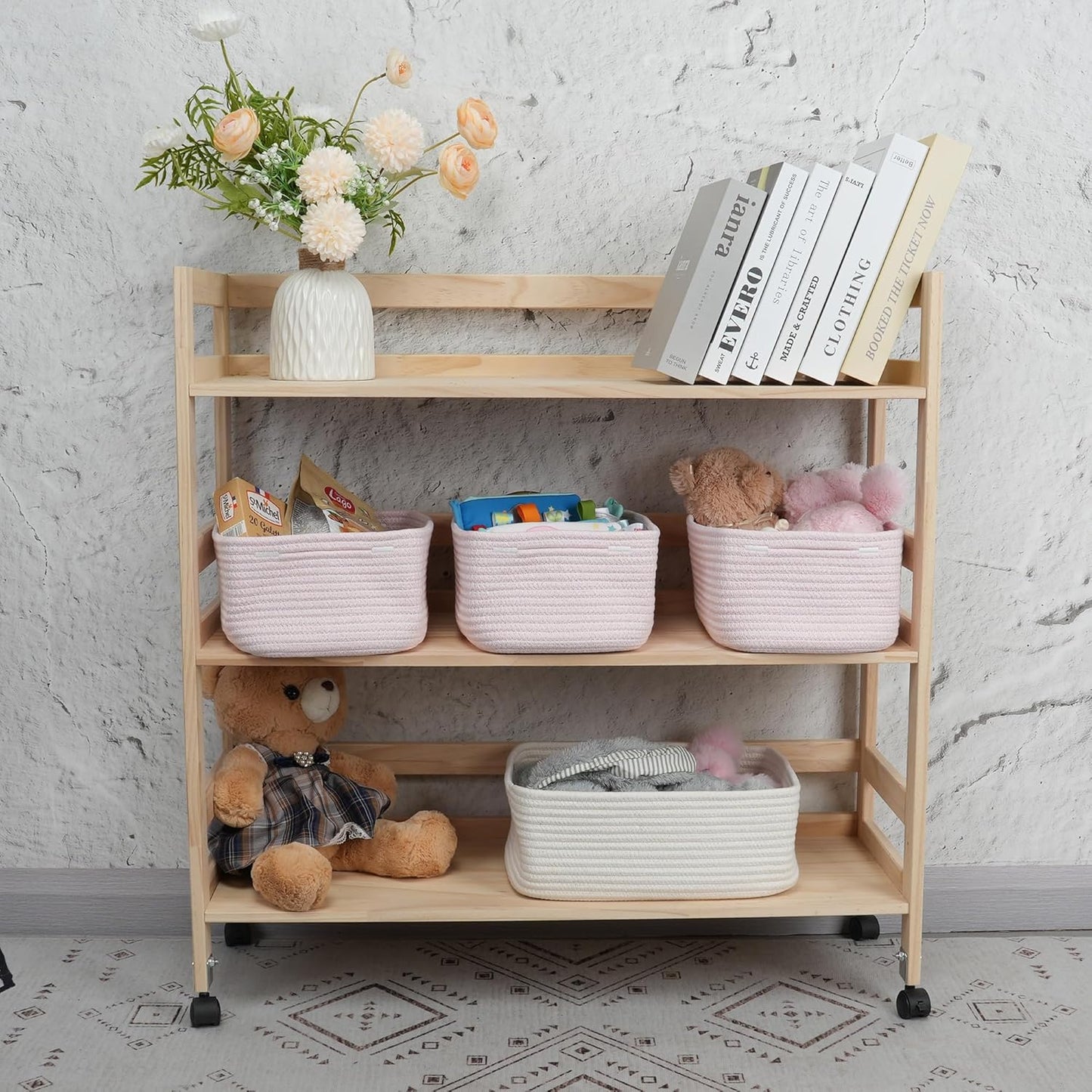 Small Woven Storage Baskets 12“X8”X5“ Decorative Rope Bins for Organizing Shelves, Closets, and Toys, Empty Gift Baskets, Cute Organizer Basket for Home and Office (pink, regular)
