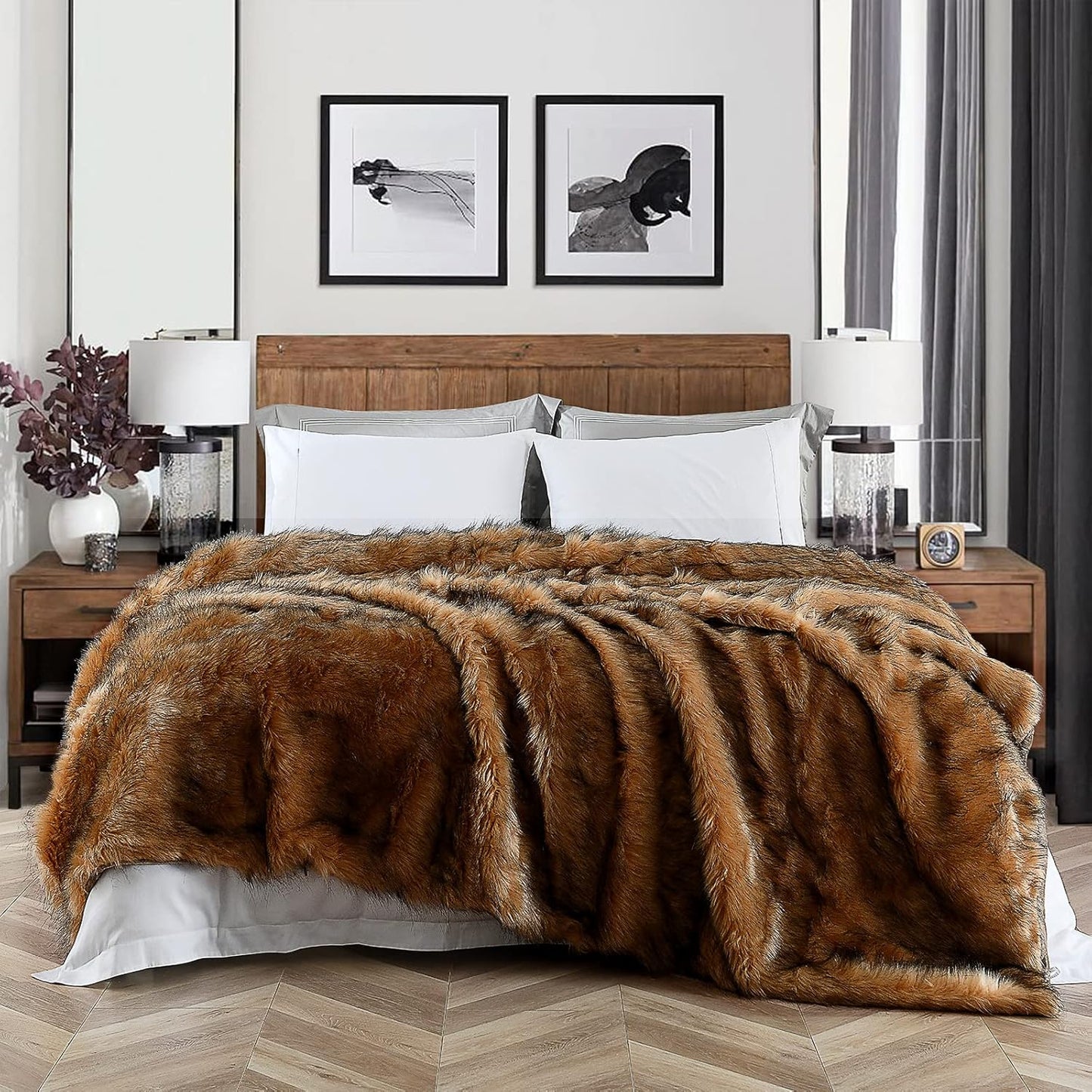 Luxury Plush Faux Fur Blanket Queen Size, Long Pile Brown with Black Tips, Oversized Super Warm, Fuzzy, Elegant, Fluffy Decoration Throw Blanket for Sofa, Armchair, Couch and Bed, 90"x90"