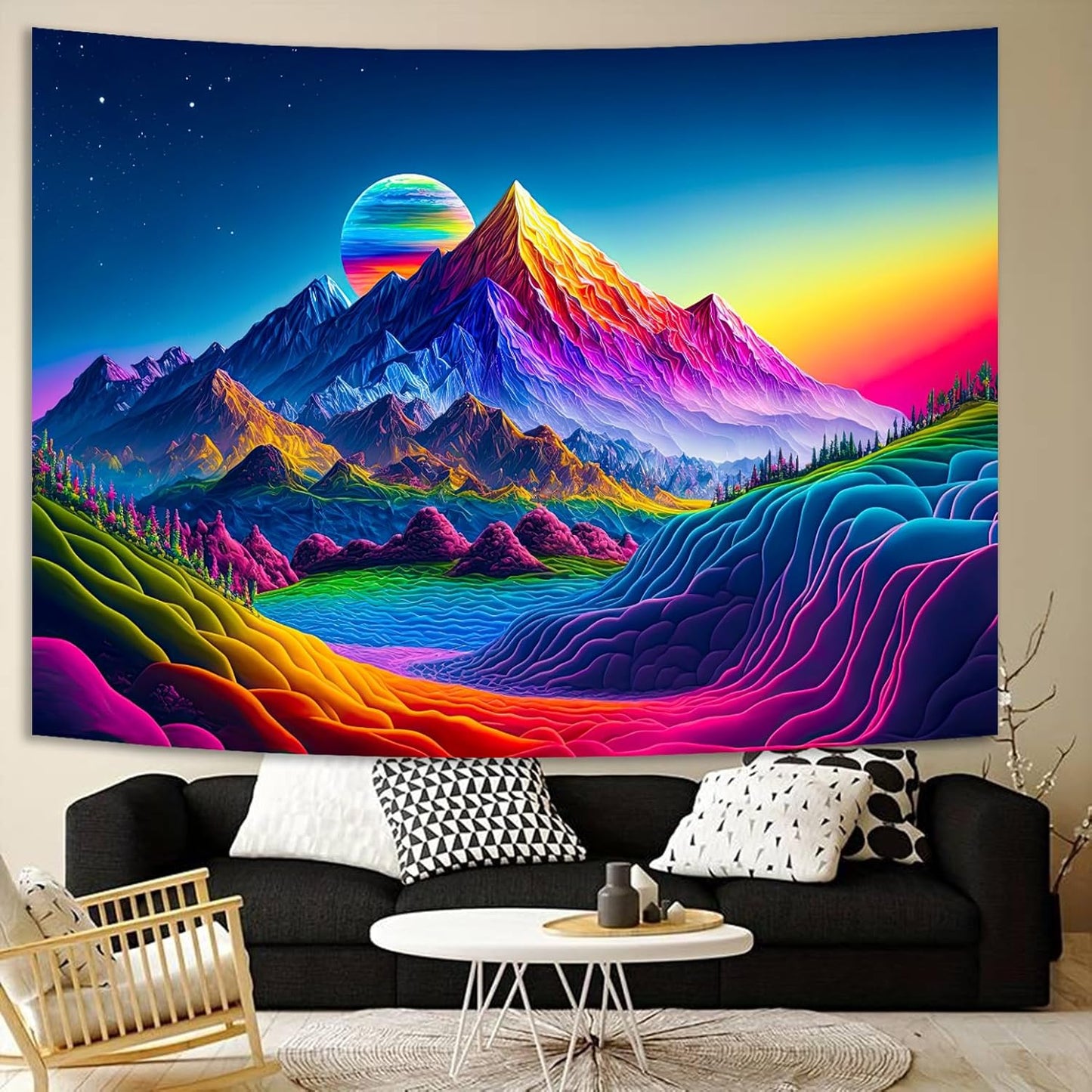 SparkLia Sunset Mountain Tapestry, Blacklight Colorful Forest Lake UV Reactive Tapestry, Neon Glow in the Dark Starry Stars Nature Landscape Wall Hanging Tapestries for Bedroom - 51.2" x 59.1"