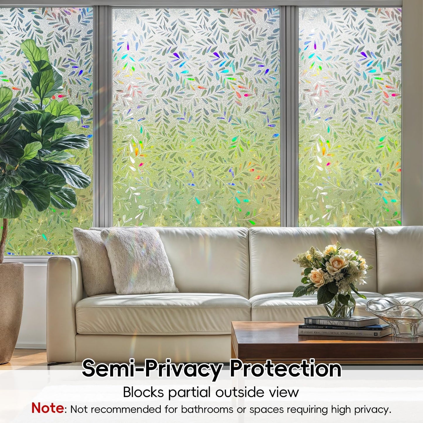 DUOFIRE Window Privacy Film Rainbow Window Film Decorative Leaves Pattern Window Cling Frosted Reusable Anti-UV Non-Adhesive Static Cling Privacy Film for Home Office 23.6 × 78.7 inches