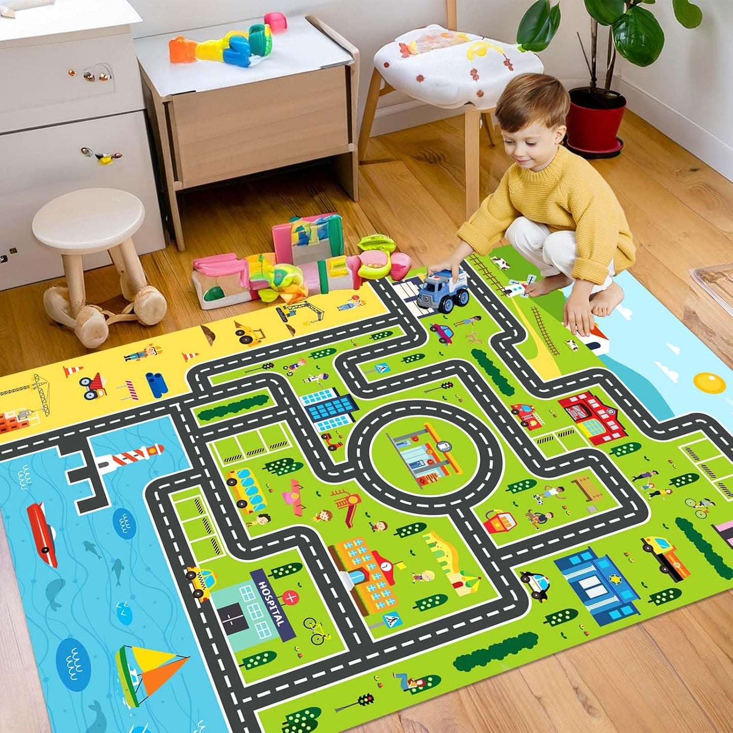 Kids Rug Playroom Car Rug Play Mat City Life Road Rugs Fun City Map for Kids Toy Cars Carpet for Bedroom Boys (Green-Rug, 5.2x7.9ft)