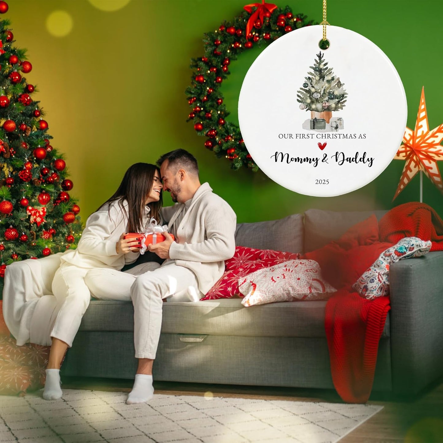 Our First Christmas as Mom and Dad Ornament 2025,New Mom and Dad Gifts 2025, Ceramic Keepsake New Parents Ornaments with Ribbon and Gift Box