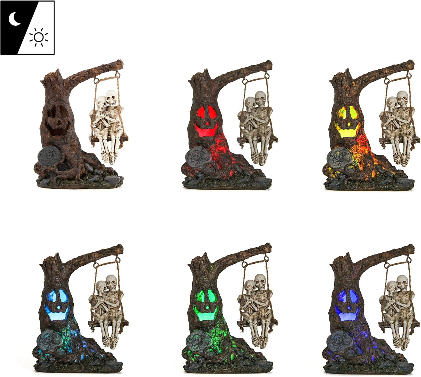 Halloween Skull Statue with Spooky LED Light for Holiday Decorations, Halloween Decor with Romantic Skeleton Couple on Swing Tombstone Tree, Grinning Skull Decor Props Haunted Collectible Gift