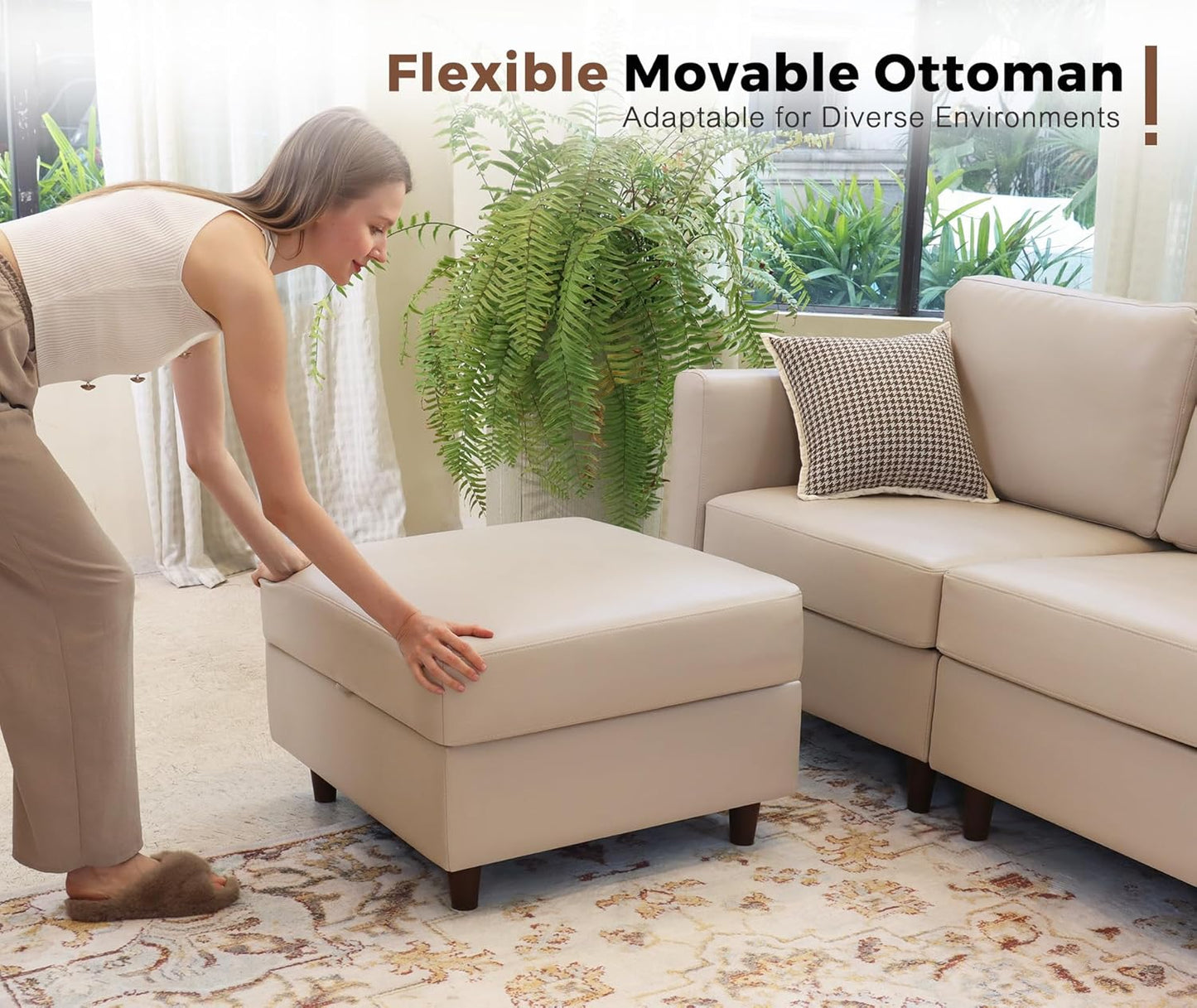 91.5" Luxury Modular Sleeper Sofa Bed with Storage Seat, 6 Seat Sectional Couch Deep Seat with Reversible Chaises & Removable Cover for Living Room - Faux Leather Whitesand