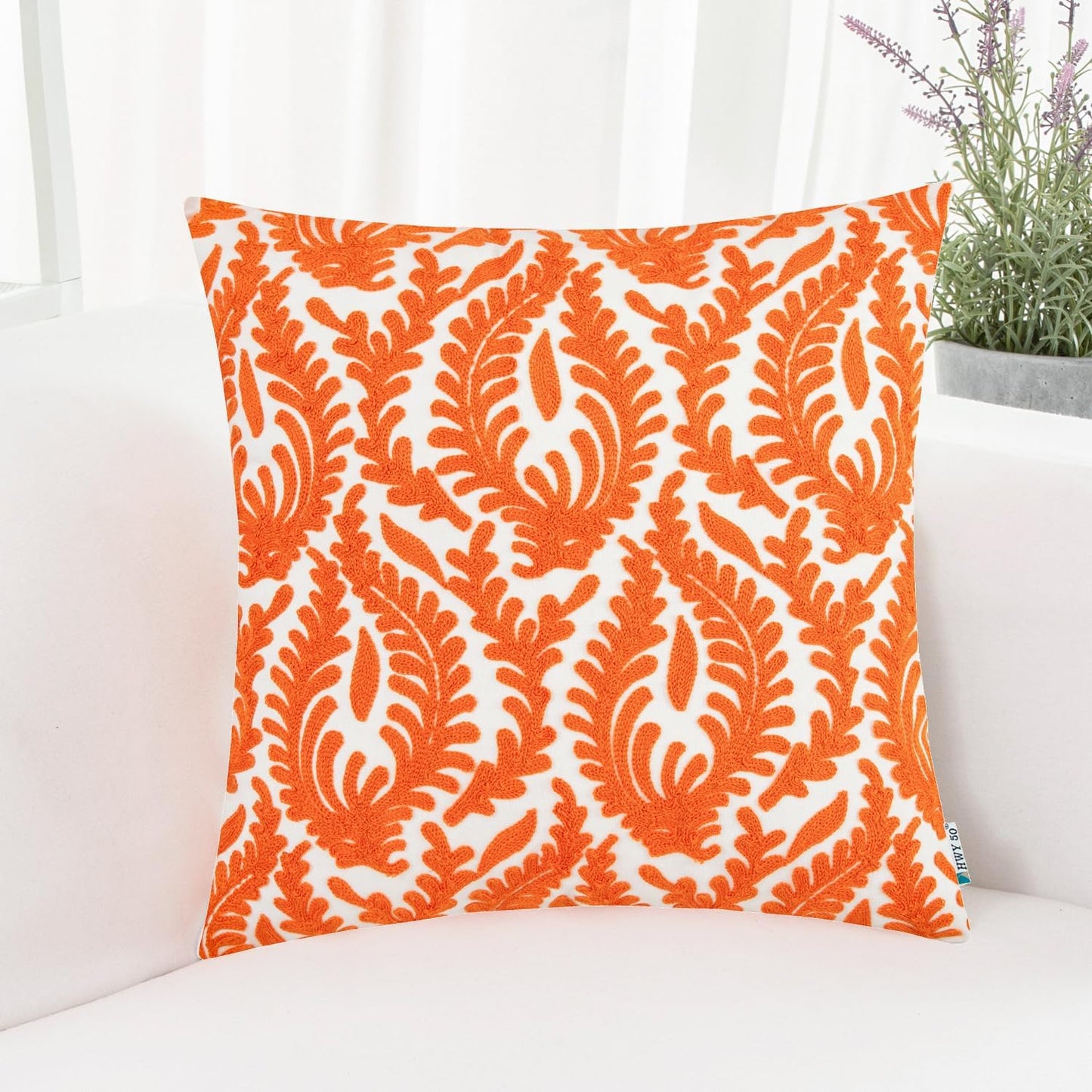 HWY 50 Orange Fall Decorative Throw Pillow Covers 18x18 Inch (1 Piece), Embroidered Cotton Farmhouse Cushion Cover Pillow Case for Sofa Couch Living Room Bed Bedroon, Floral Branches