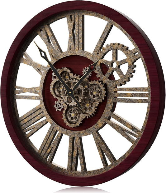 The B-Style Large Wall Clock 24 inch Moving Gear Wall Clock Oversized Vintage Farmhouse Wall Clocks for Living Room Decor Rustic Industrial Wood Clock (Cherry red and Bronze, 36 inch/90cm)