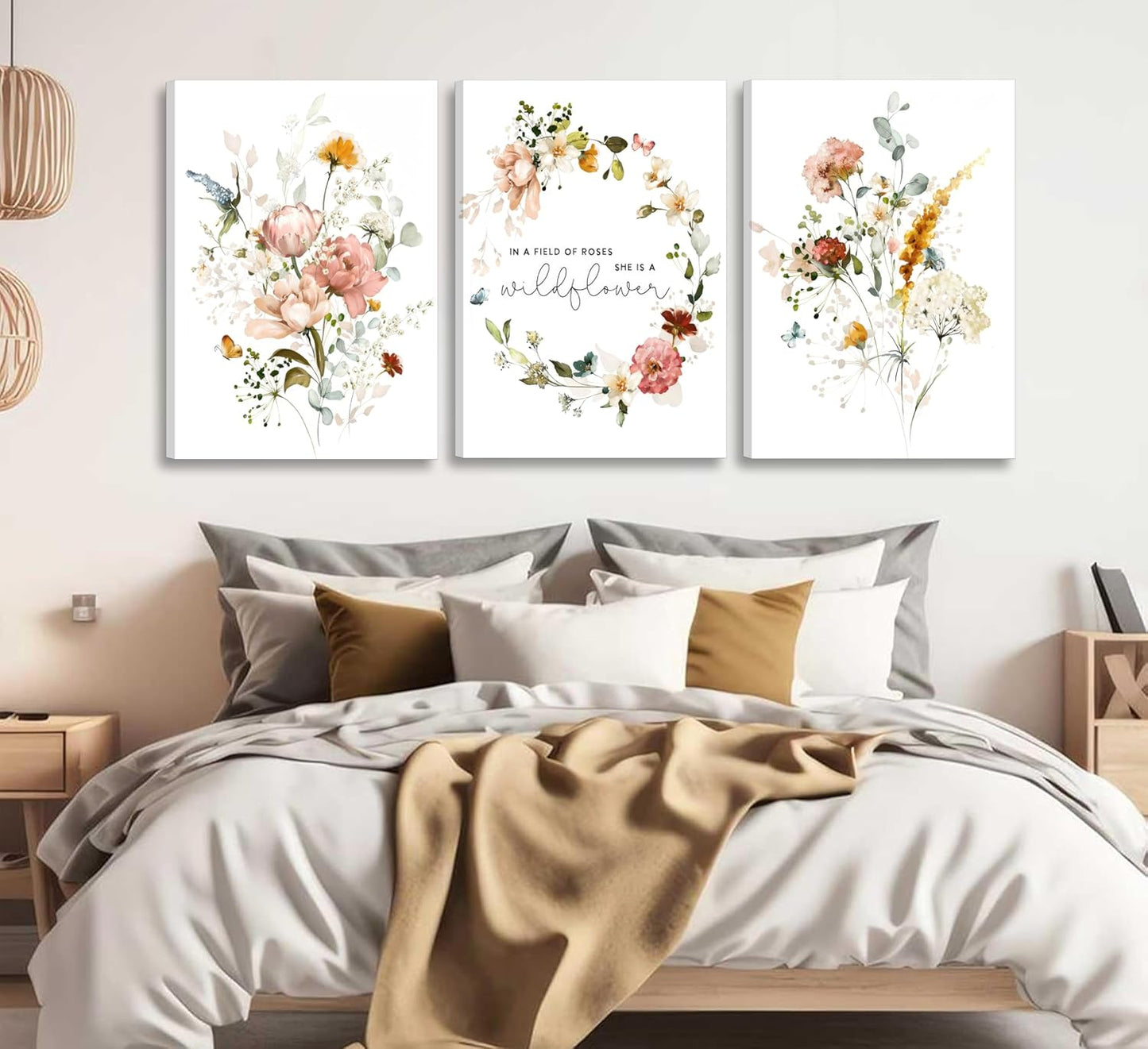 3Pcs Framed Watercolor Flowers Canvas Wall Art In A Field Of Roses She Is A Wildflower Painting Picture Wall Decor Pink wreath Poster Print Artwork for Nursery living room Girls Room Home Decoration