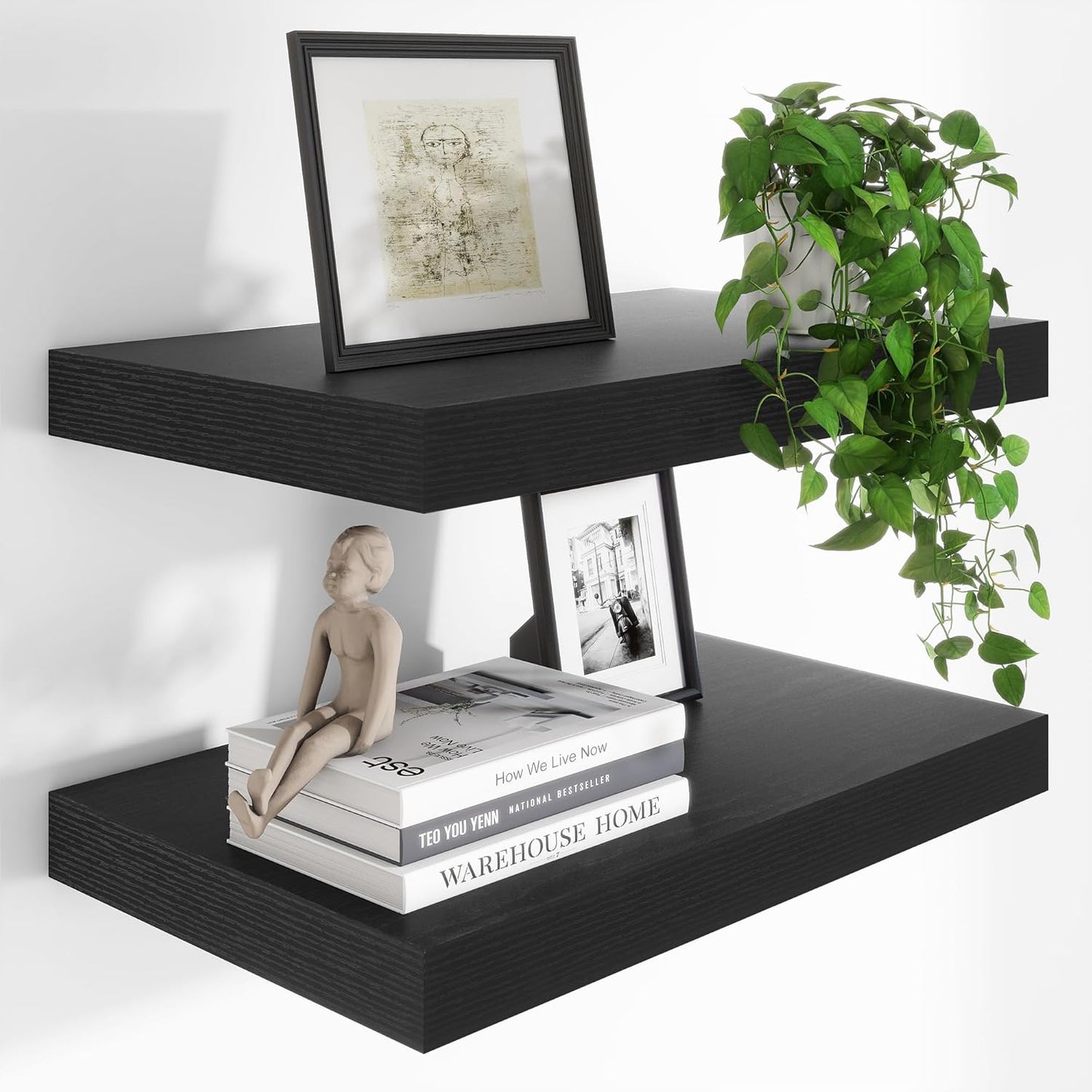 Heimlove 24 x 12 Inch Deep Floating Shelves Wall Mounted with Invisible Brackets,Storage Hanging Shelf for Wall Decor in Bathroom, Bedroom, Toilet, Kitchen, Living Room, Office Set of 2 (Black)