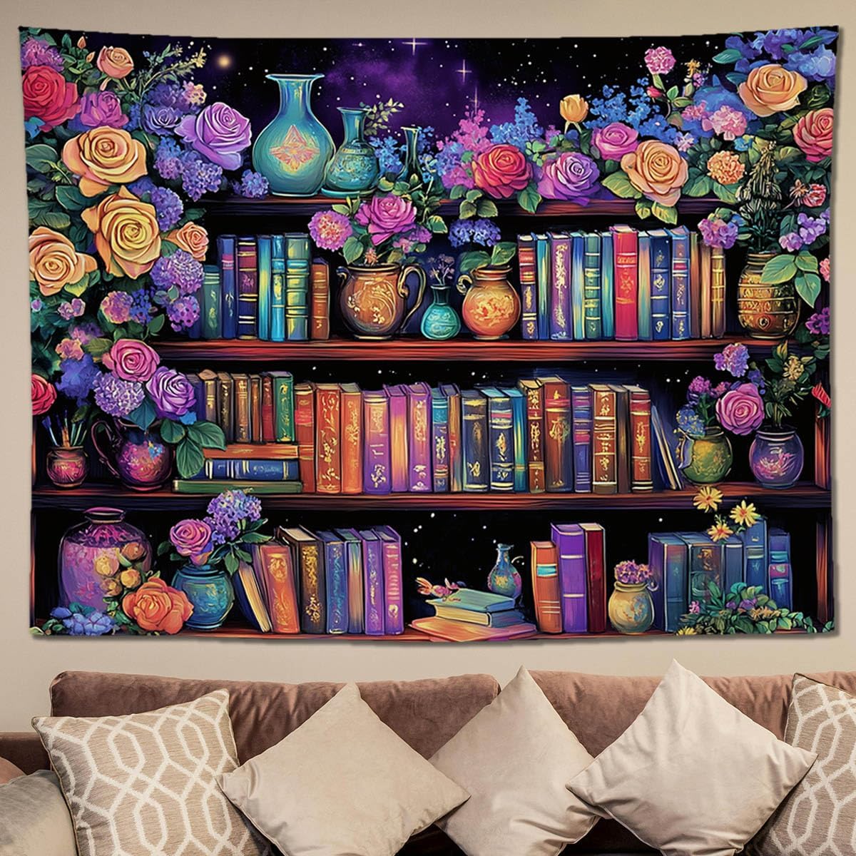 keowhsf Pink Purple Flower Bookshelf Wall Tapestry Colorful Tapestries for Bedroom Aesthetic Floral Tapestry Wall Hanging Cute Girl Bedroom Decor