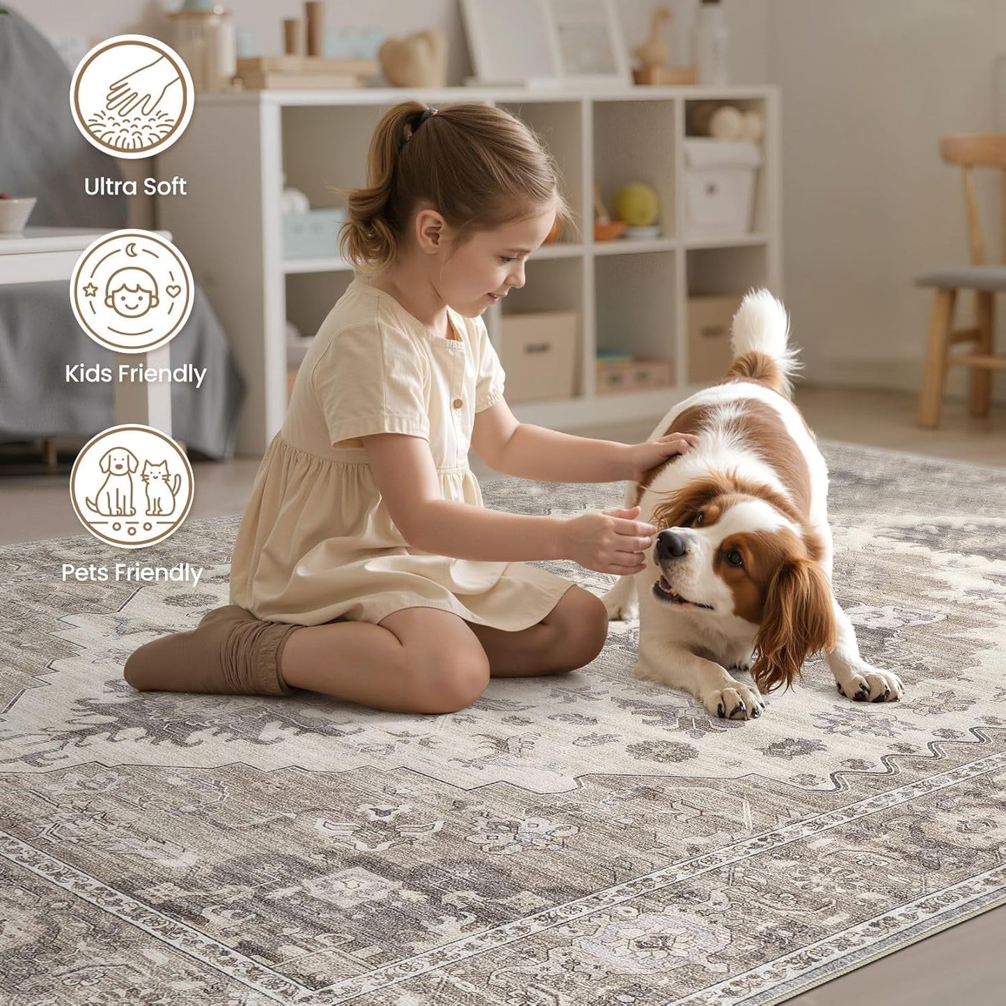 Washable Area Rugs for Living Room -8x10 Neutral Vintage Distressed Floral Farmhouse Boho Large Soft Floor Rug Indoor Non Slip Carpet for Living Room Bedroom Dining Room Office-Brown/Beige