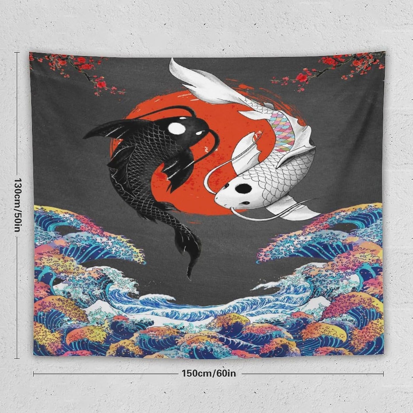Houselerax Japanese Koi Fish Tapestries, Yin Yang Big Wave Cherry Blossom Tapestry Wall Hanging for Bedroom Living Room Office Decor 60"x50"