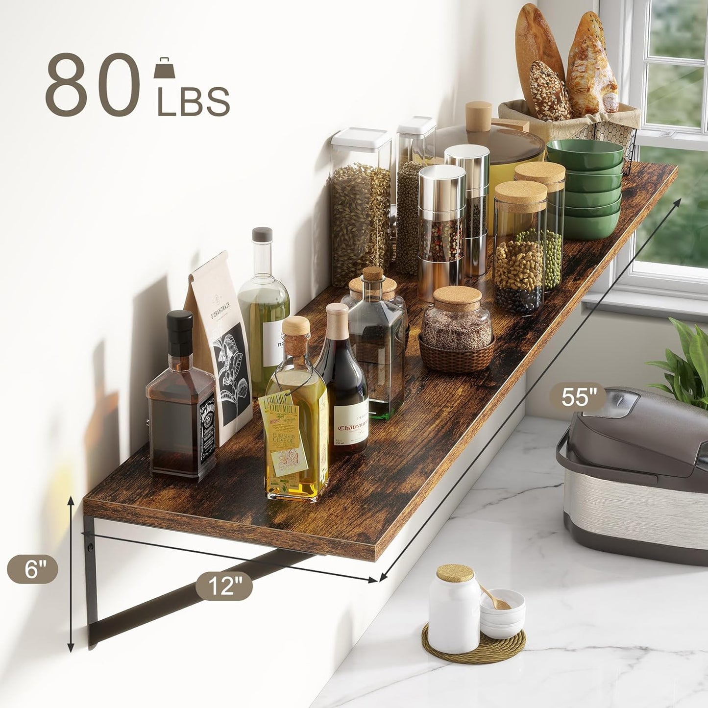 Fun Memories Deep Floating Shelves, 55W x 12D Floating Shelves for Wall, Wood Floating Shelf with Bracket, Wide Display & Storage Wall Shelves for Living Room, Bedroom, Rustic Brown