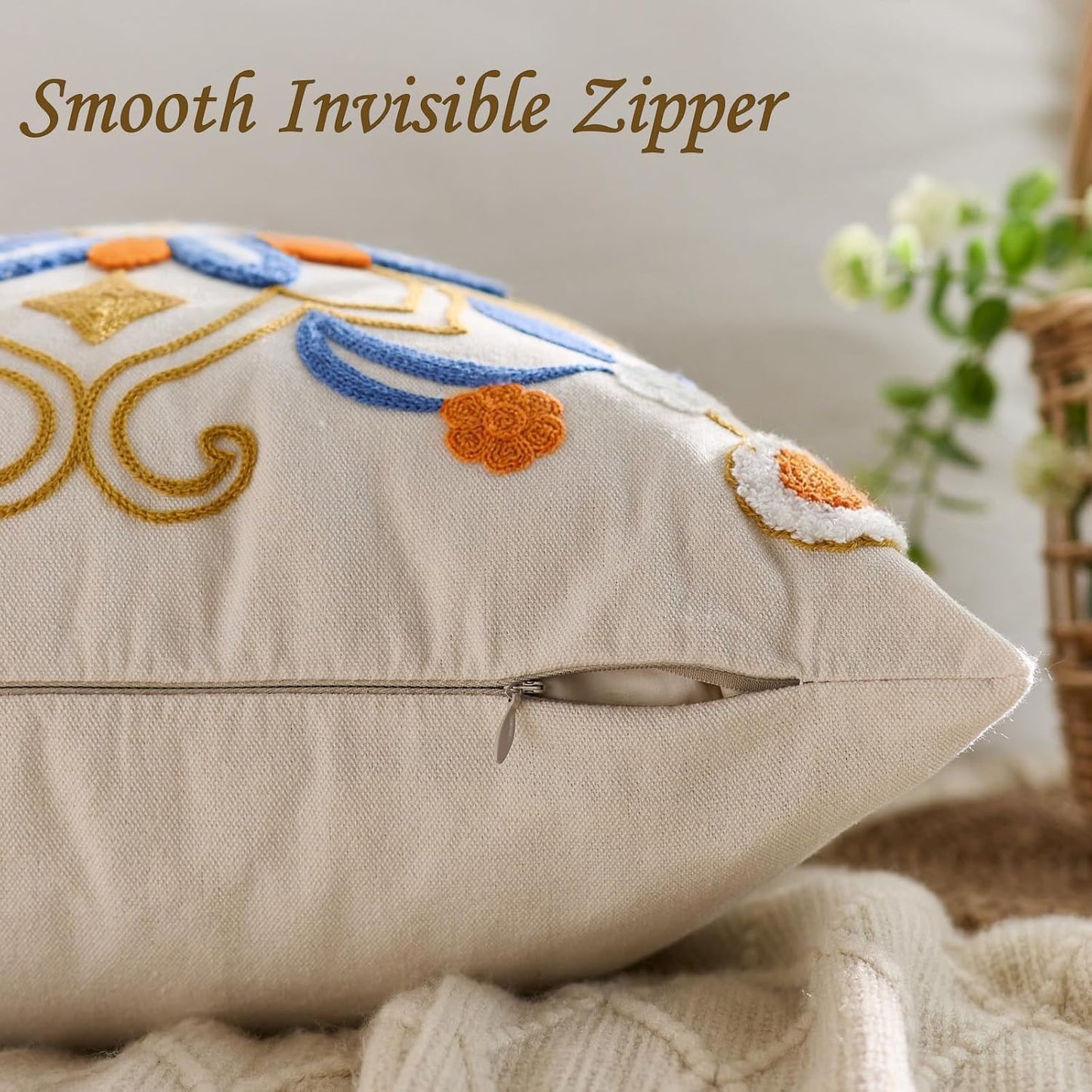 Embroidered Throw Pillow Cover 18x18 Classic Boho Floral Pattern Pillows Cover Outdoor Decorative Pillowcase,Durable Cozy Textured Cushion Case for Sofa Couch Bed Living Room,Orange Blue