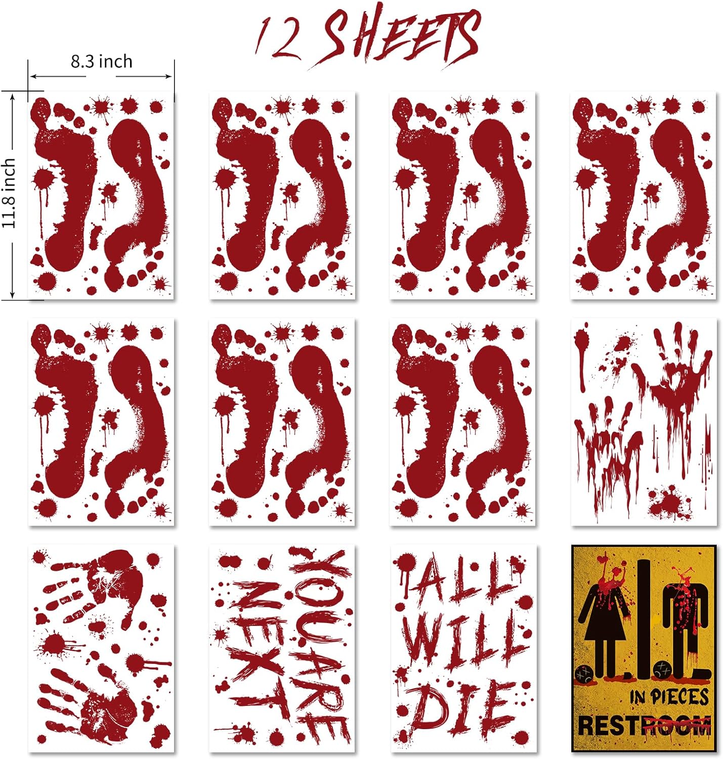 Halloween Clings- Bloody Handprint Footprint Floor Stickers, Scary Halloween Party Decor for Windows and Cars, Indoor/Outdoor Use - 12 Sheets