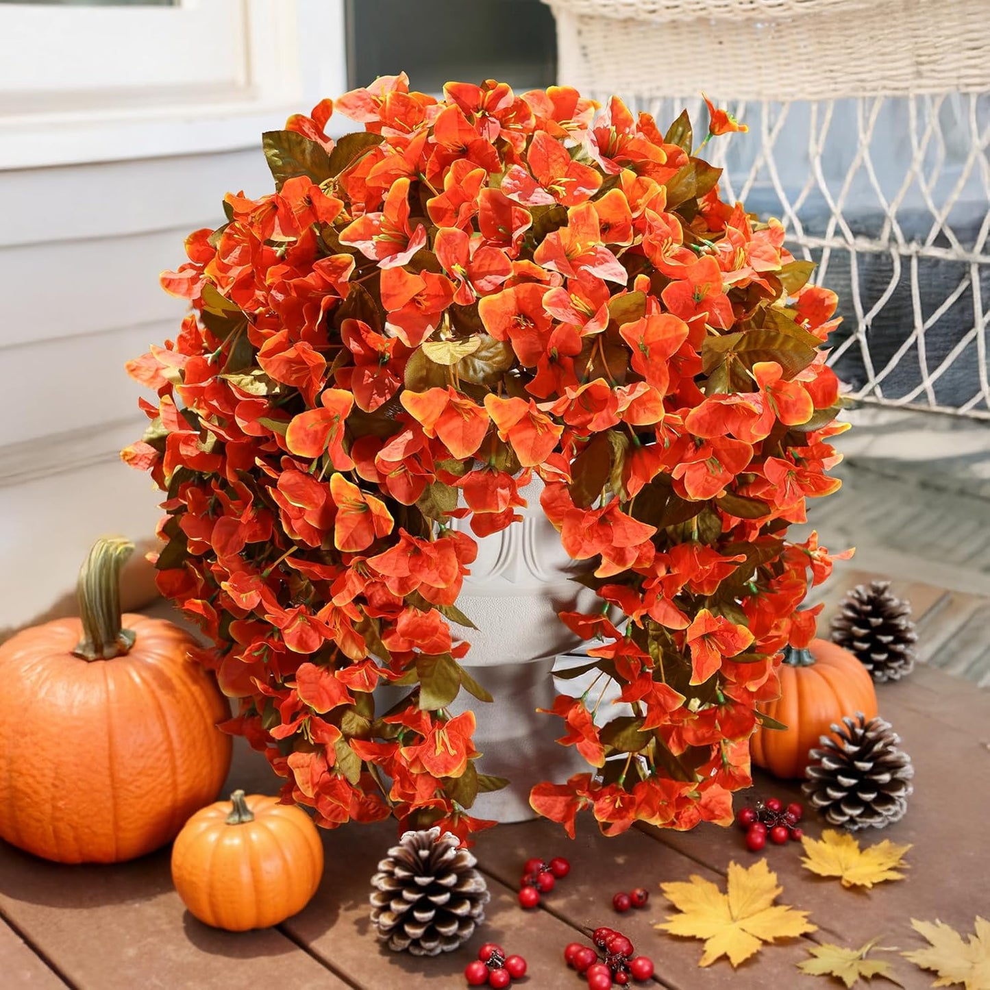 Bougainvillea Artificial Flowers Plants for Outdoors Outside Fall Autumn Decor, 2 pcs Faux Silk Long Trailing Vines UV Resistant Look Real Orange Fake Flowers for Front Door Porch Planter Urn Patio