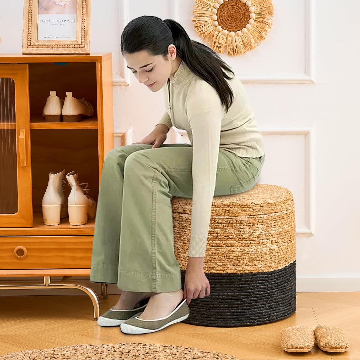 Wimarsbon 18'' Ottoman Pouf, Natural Braided Poof, Rustic Handweave Lounge Pouffe, Boho Footrest Stool for Bedroom, Accent Table for Living Room (Storage - 18inch Cattail+Black Corn Husk L)