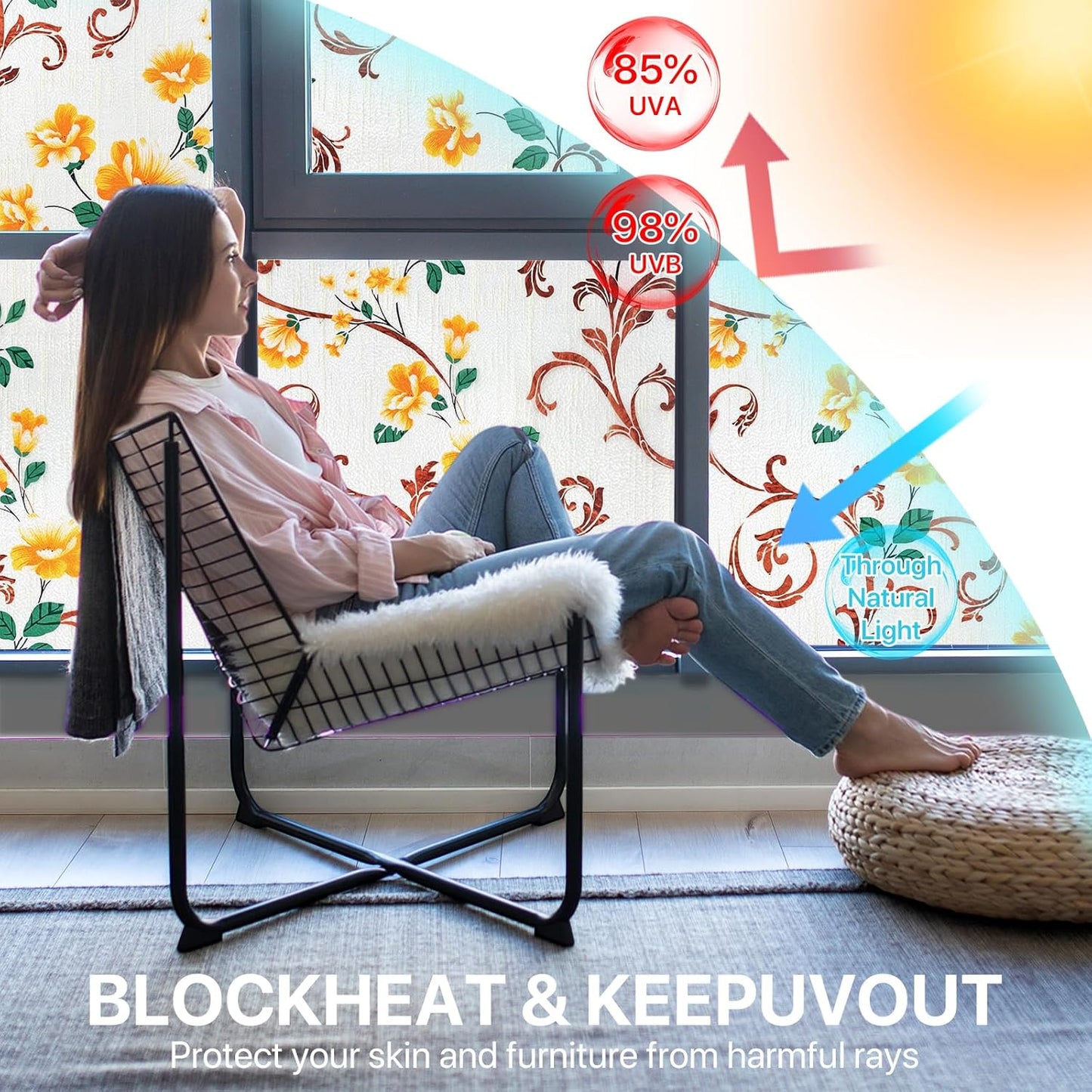 Niviy Stained Glass Window Privacy Film with Installation Tools, 3D Frosted Glass Window Decals UV Protection Sun Blocking Static Clings Non Adhesive Glass Stickers for Home 17.5 x 118 inch