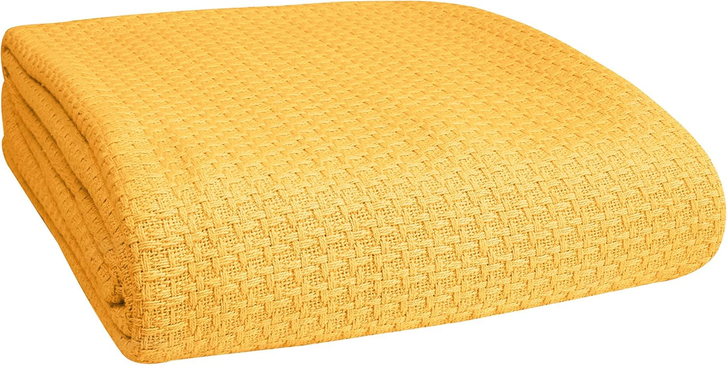BELIZZI HOME 100% Cotton Bed Blanket, Breathable Bed Blanket Twin Size, Cotton Thermal Blankets Twin, Perfect for Layering Any Bed for All Season, Mustard Yellow